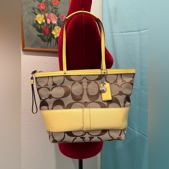 COACH - LIKE NEW!! Signature Monogram Brown/Khaki & Yellow Stripe Tote Bag - Picture 2 of 10
